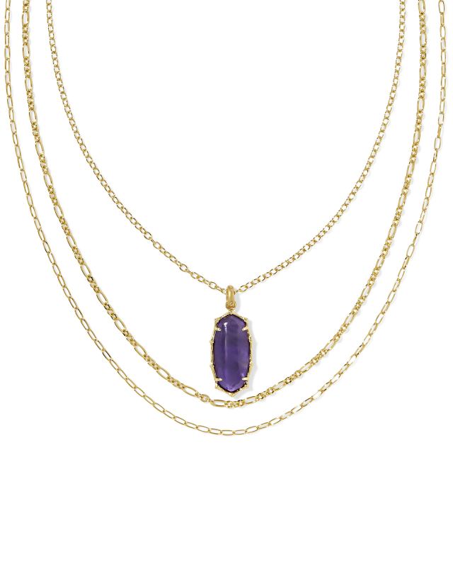 Elle Vintage Gold Bamboo Frame Triple Strand Necklace in Dark Purple Amethyst image number 0.0